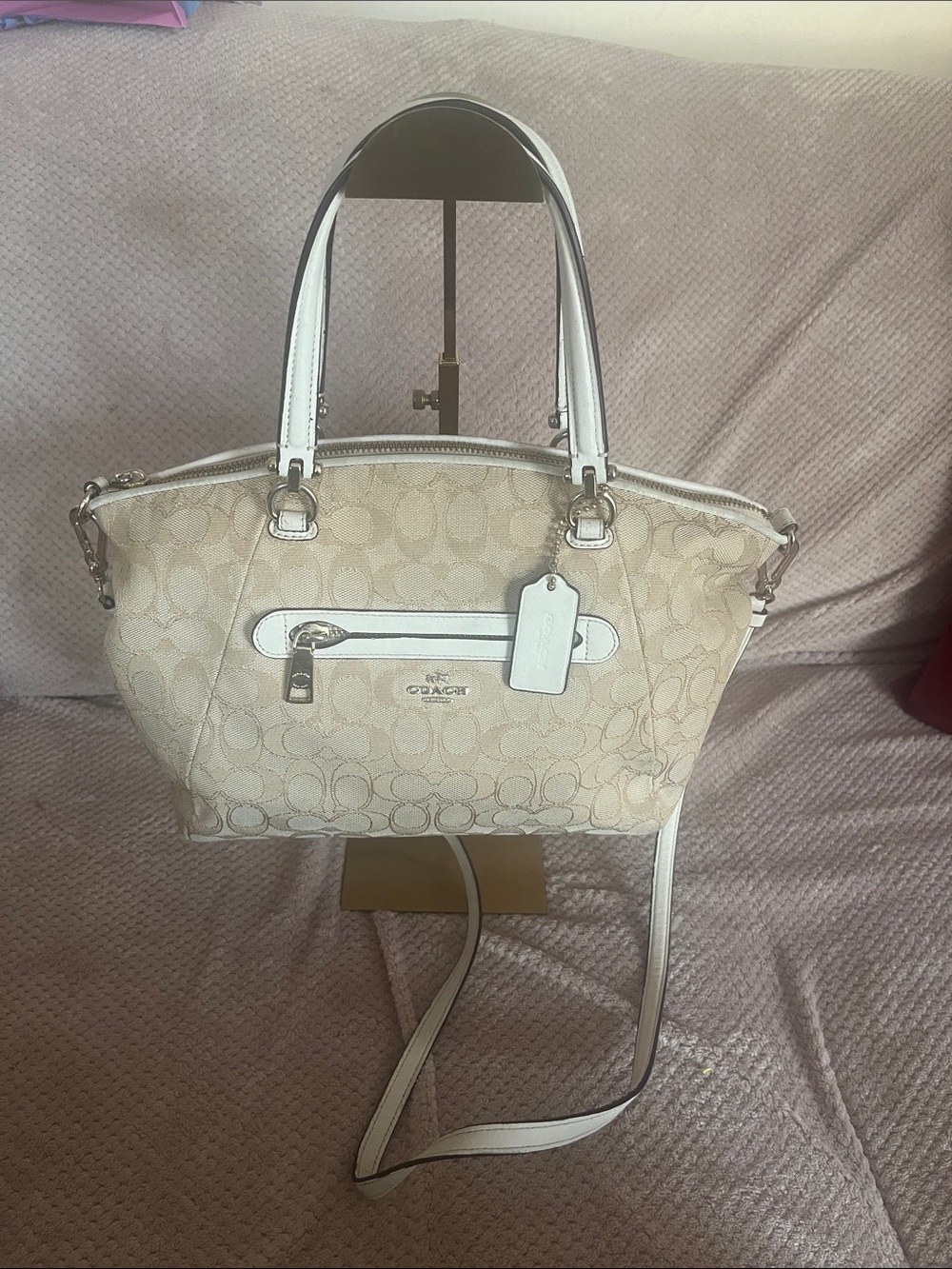 Coach Signature Canvas Prairie Satchel in Beige with White Trim